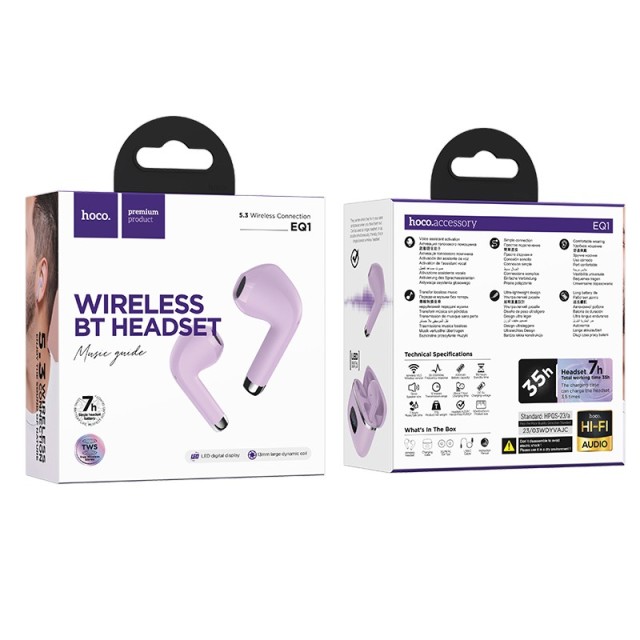 Wireless Headset Hoco EQ1 Music Guide TWS V5.3 με Πλήκτρο Ελέγχου Συμβατό με Siri και LED Ένδειξη Μωβ