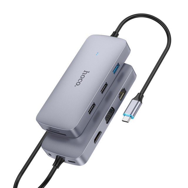 Hub USB-C Hoco HB33 Easy 10-in-1 με HDMI 4K USB-C PD100W USB3.0 2xUSB SD Micro-SD RJ45 VGA and 3.5mm Γκρι 18cm