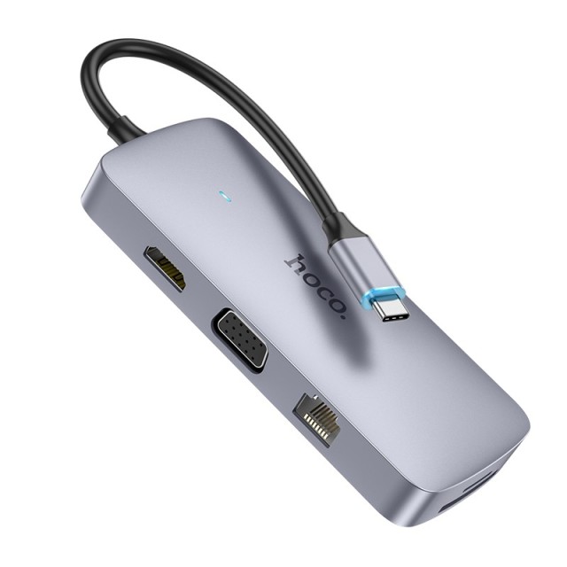 Hub USB-C Hoco HB33 Easy 10-in-1 με HDMI 4K USB-C PD100W USB3.0 2xUSB SD Micro-SD RJ45 VGA and 3.5mm Γκρι 18cm