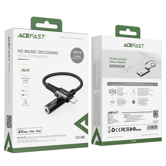 Αντάπτορας Handsfree Acefast C1-05 Lightning σε 3.5mm Θηλυκό Apple Certified MFI 1.8m. 18cm Μαύρος