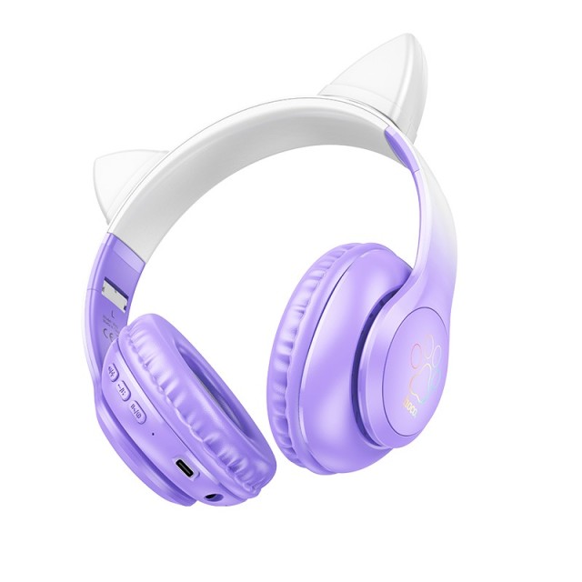 Wireless Ακουστικά Stereo Hoco W42 Cat Ears 400mAh Micro SD και AUX Purple Grape