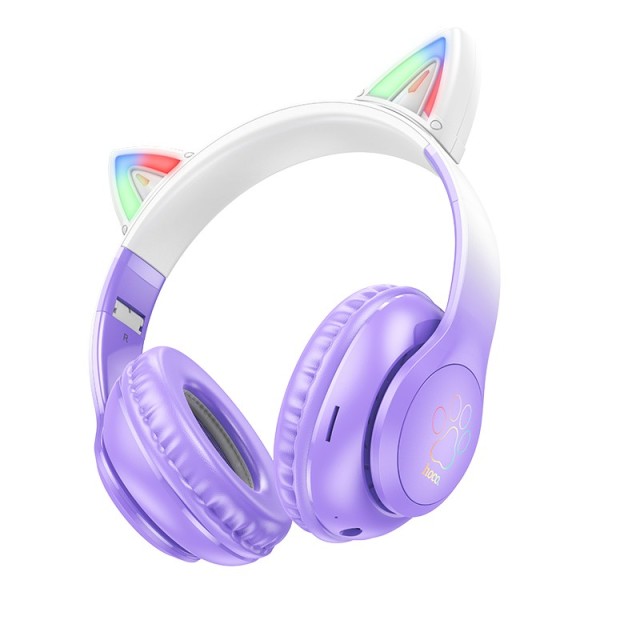 Wireless Ακουστικά Stereo Hoco W42 Cat Ears 400mAh Micro SD και AUX Purple Grape