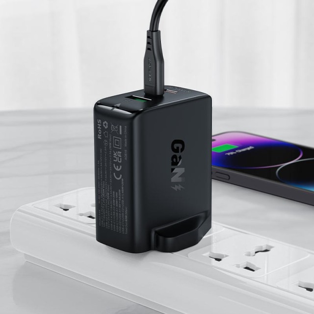 Φορτιστής Ταξιδίου Acefast A44 Fast Charging 2xUSB-C PD65W USB-A GaN Μαύρος με UK Plug