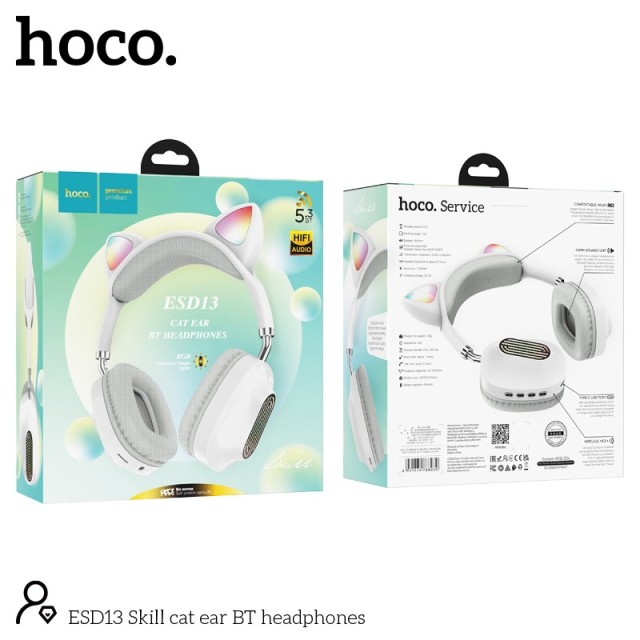 Ασύρματα Ακουστικά Stereo Hoco ESD13 Cat Ear BT5.3 FM 400mAh με Μικρόφωνο και Noise Reduction Λευκά