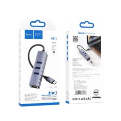 Αντάπτορας Hoco HB34 3 x USB-C σε USB 3.0 και RJ45  με Λειτουργία Μεταφοράς Δεδομένων 1000Mbps Γκρι