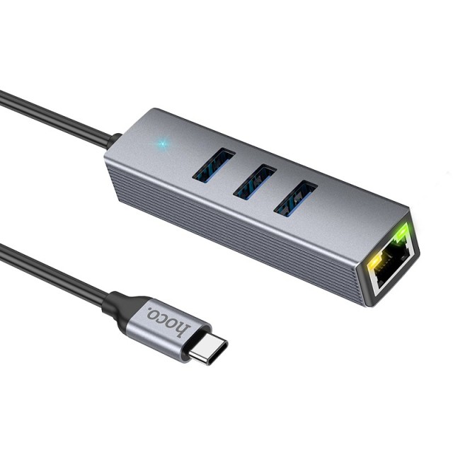 Αντάπτορας Hoco HB34 3 x USB-C σε USB 3.0 και RJ45  με Λειτουργία Μεταφοράς Δεδομένων 1000Mbps Γκρι