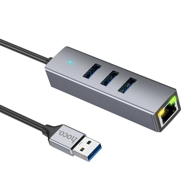 Αντάπτορας Hoco HB34 3 x USB σε USB 3.0 και RJ45  με Λειτουργία Μεταφοράς Δεδομένων 1000Mbps Γκρι