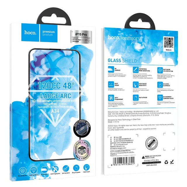 Tempered Glass Hoco Premium Series A34 9D Large Arc Dustproof Anti-glare 0.4mm για Apple iPhone 15 Pro