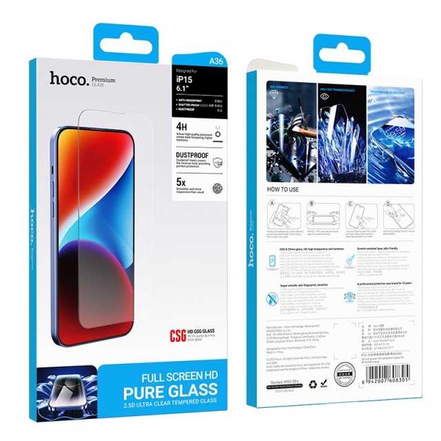 Tempered Glass Hoco Premium Series A36 Anti-Fingerprint Dustproof 0.33mm 2.5D για Apple iPhone 15