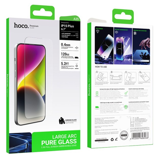 Tempered Glass Hoco Premium Series A35 120CC Large Arc Dustproof 0.4mm 2.5D Anti-Fall για Apple iPhone 15 Plus