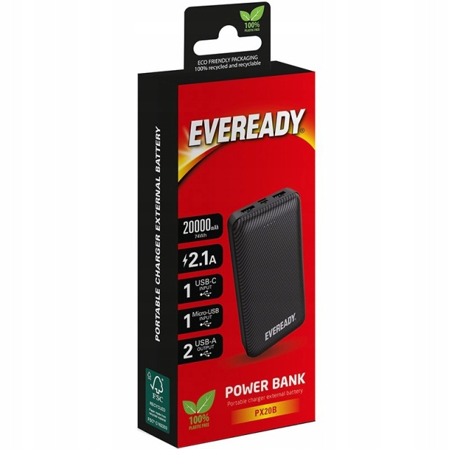 Power Bank Energizer Eveready Slim 20000mAh 2A  με 2x USB 2.0 και LED Ένδειξη Μπαταρίας Μαύρο