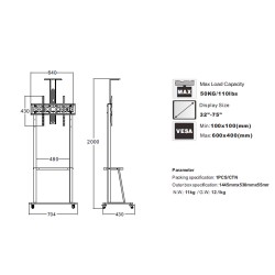 Τροχήλατη Βάση Στήριξης Δαπέδου Noozy Y800 για Τηλεοράσεις 32'' - 75' VESA από 100x100mm έως 600x400mm.  Μέγιστη αντοχή βάρους 50kg