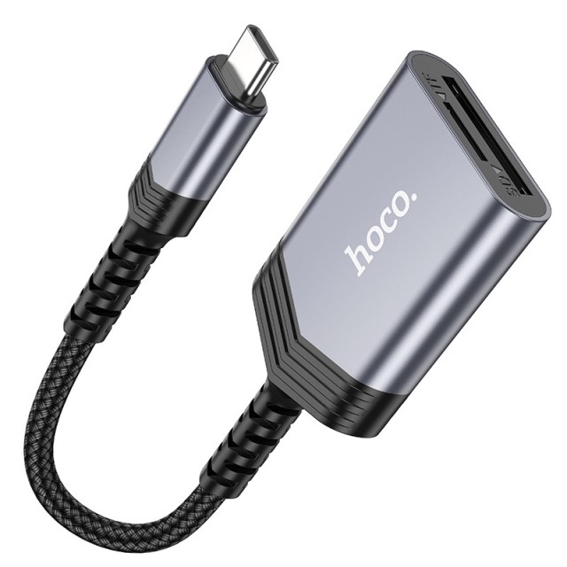 Αναγνώστης Κάρτας Μνήμης Hoco UA25 2 σε 1 USB-C480Mbps και 2TB για Micro SD/SD OTG Κοντό και Anti-bending Καλώδιο Γκρι