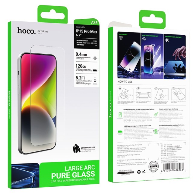 Tempered Glass Hoco Premium Series A35 120CC Large Arc Dustproof 0.4mm 2.5D Anti-Fall για Apple iPhone 15 Pro Max