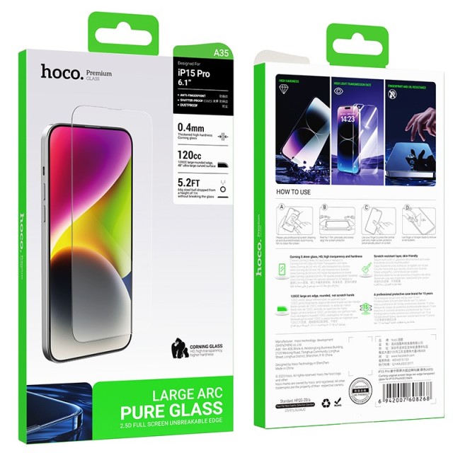 Tempered Glass Hoco Premium Series A35 120CC Large Arc Dustproof 0.4mm 2.5D Anti-Fall για Apple iPhone 15 Pro