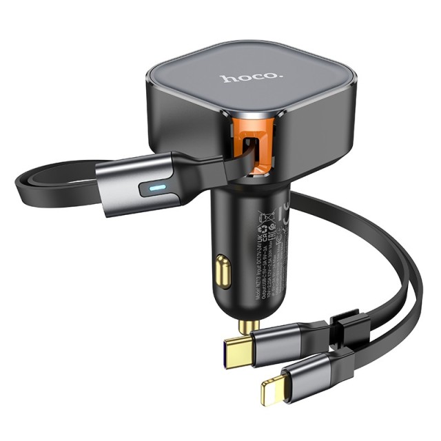 Φορτιστής Αυτοκινήτου Hoco NZ13 Clever USB-C PD30W QC3.0 και Lightning PD27W με Αναδιπλούμενο Καλώδιο 90εκ Μαύρος