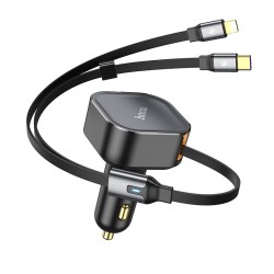 Φορτιστής Αυτοκινήτου Hoco NZ13 Clever USB-C PD30W QC3.0 και Lightning PD27W με Αναδιπλούμενο Καλώδιο 90εκ Μαύρος