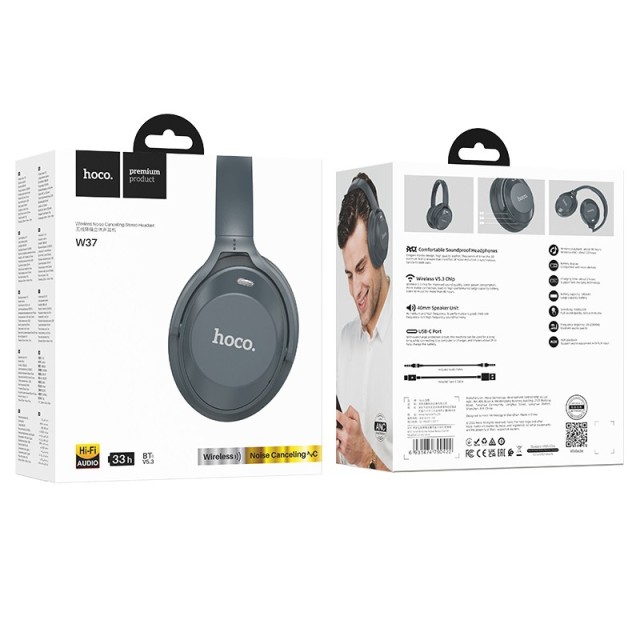 Wireless Ακουστικά Stereo Hoco W37 Sound V5.3 500mAh AUX Active Noise Cancellation Μπλε