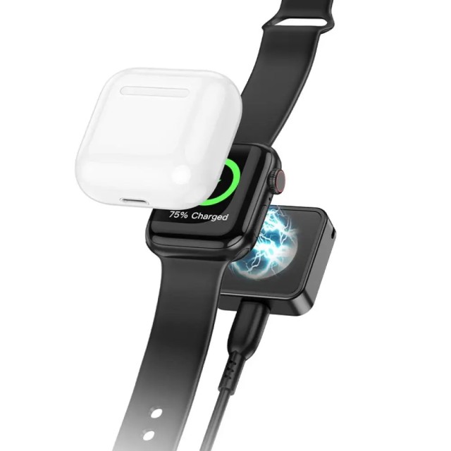 Ασύρματος Φορτιστής Hoco CW55 Συμβατός με Apple Watch 1-9, SE/SE2, Ultra/Ultra2 με Θύρες USB-C/Lightning Ασημί