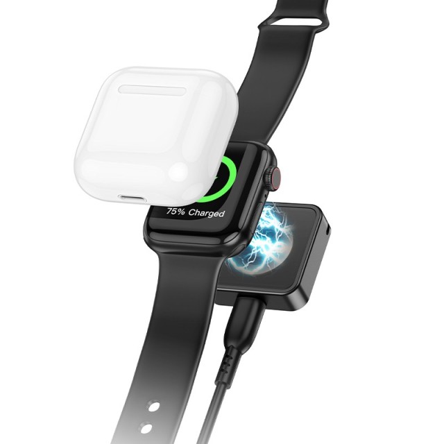 Ασύρματος Φορτιστής Hoco CW55 Συμβατός με Apple Watch 1-9, SE/SE2, Ultra/Ultra2 με Θύρες USB-C/Lightning Μαύρο