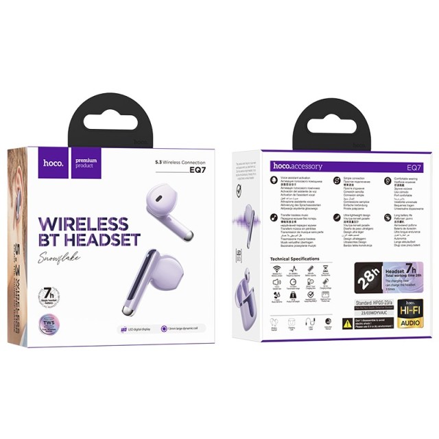 Wireless Hands Free Hoco EQ7 Snowflake TWS V5.3 300mAh με Voice Assistant Activation 7 Ώρες Ομιλίας και LED Οθόνη Μωβ