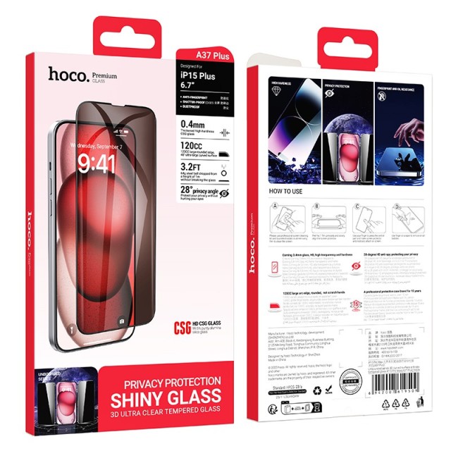 Tempered Glass Hoco Premium Series A37 Plus 120CC Large Arc Edges 28° Privacy Angle Dustproof 0.4mm 3D Anti-Static για Apple iPhone 15 Plus