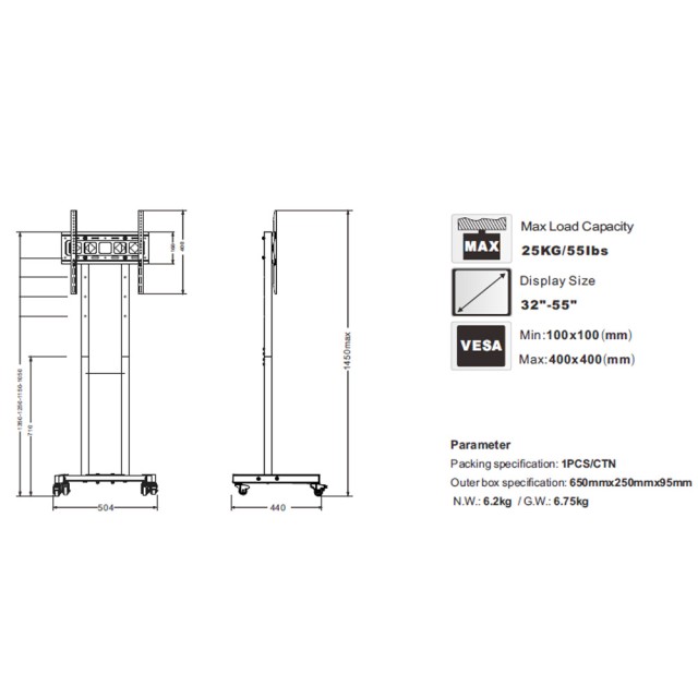Βάση Στήριξης Δαπέδου Noozy Y609S-2 για Τηλεοράσεις 32'' - 55' VESA έως 400x400mm Μέγιστο βάρος 25kg