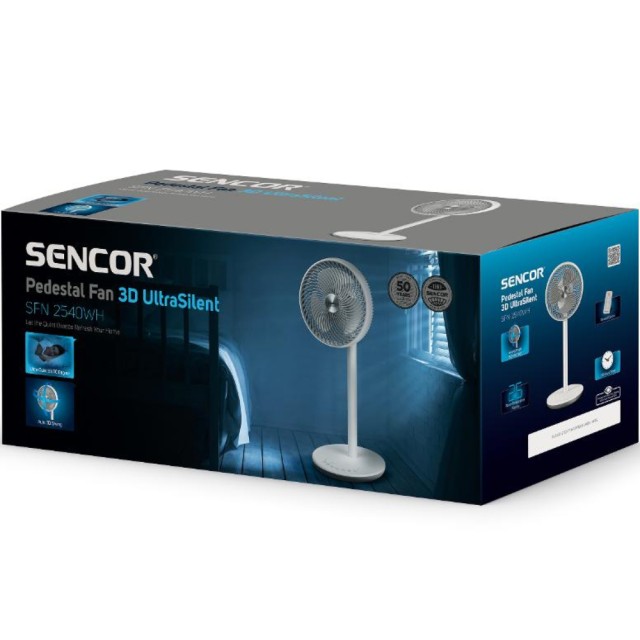 Ανεμιστήρας Δαπέδου Sencor SFN 2540WH 26W Αθόρυβος 12 Ταχυτήτων Διαμέτρου 25cm και 3 Επιλογές Λειτουργίας με Χειριστήριο και Timer Λευκός