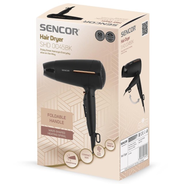 Σεσουάρ Μαλλιών Ταξιδίου Sencor SHD 0045BK 1600W Αναδιπλούμενο με 2 Επιλογές Θερμοκαρασίας και Ταχύτητας Αέρα Μαύρο