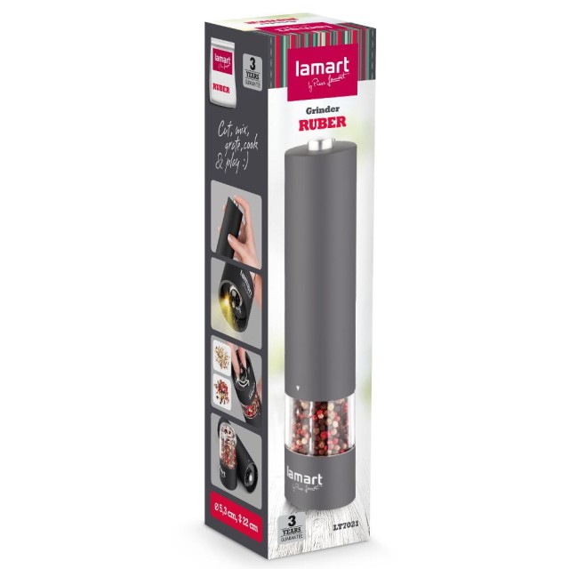 Ηλεκτρικός Μύλος Μπαχαρικών Lamart LT7021 4xAA 60ml με Rubber Επίστρωση και Φωτισμό Γκρι