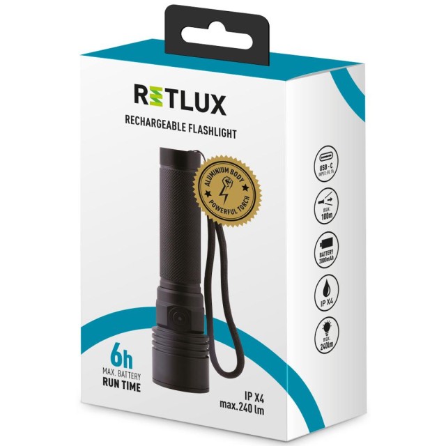 Φακός Retlux RPL 400 240 Lumens Απόσταση Δέσμης: 100m Αυτονομία: 6h Βάρος: 84gr IP X4  Πλαστικό