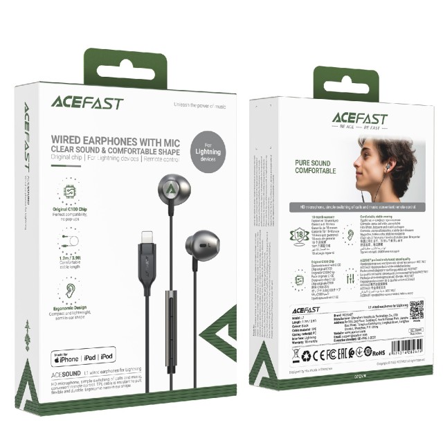 Hands Free Acefast L1 Earphones Stereo Lightning Apple Certified MFI Μαύρο 1.2m