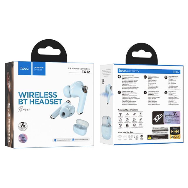 Wireless Hands Free Hoco EQ12 Rima TWS V5.3 350mAh 7 Ώρες Λειτουργίας με Πλήκτρο Ελέγχου και Συμβατό με Siri Μπλέ