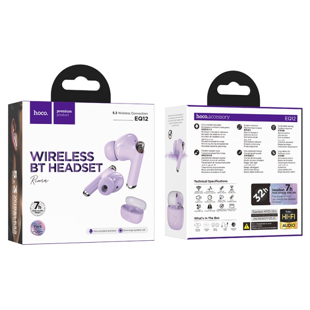 Wireless Hands Free Hoco EQ12 Rima TWS V5.3 350mAh 7 Ώρες Λειτουργίας με Πλήκτρο Ελέγχου και Συμβατό με Siri Μωβ