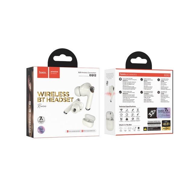 Wireless Hands Free Hoco EQ12 Rima TWS V5.3 350mAh 7 Ώρες Λειτουργίας με Πλήκτρο Ελέγχου και Συμβατό με Siri Λευκό