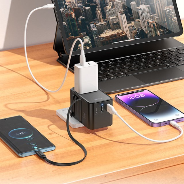 Φορτιστής Ταξιδίου Hoco AC18 Universal Converter US EU AU UK με 2 χ USB 1 χ USB-C  και Ενσωματομένο Καλώδιο USB-C PD35W QC3.0 Μαύρο