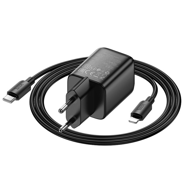 Φορτιστής Ταξιδίου Hoco N52 Monsoon με 2 Εξόδους Φόρτισης USB QC3.0 20W και USB-C PD20W Μαύρος + Καλώδιο σύνδεσης Type C to Lightning 1m