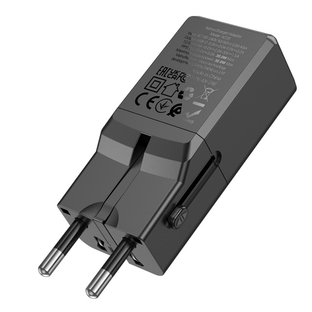 Φορτιστής Ταξιδίου Hoco AC25 Mini Universal Converter US/EU/AU/ UK USB-C 30W Μαύρος