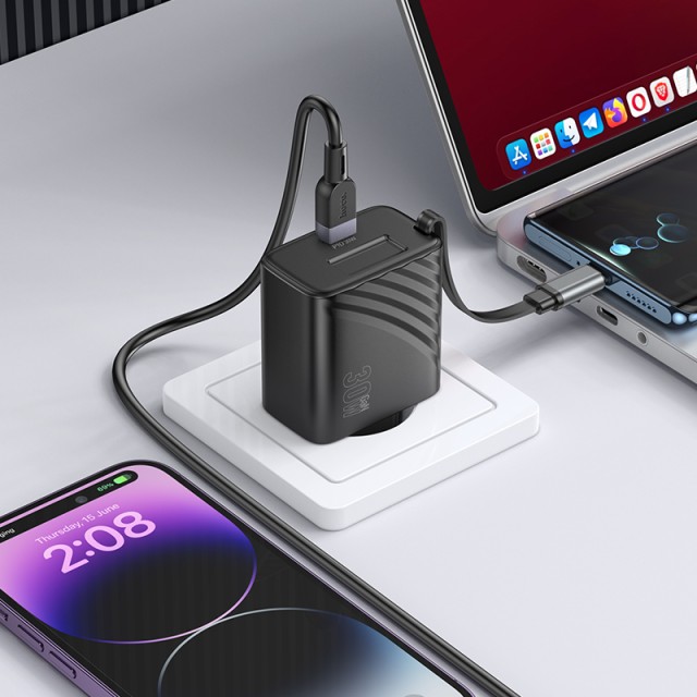 Φορτιστής Ταξιδίου Hoco N58  30W με 1χUSB-C Θύρα και Αναδιπλούμενο Καλώδιο 65cm Μαύρος