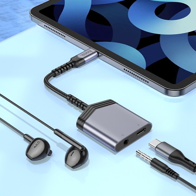 Εξωτερική Κάρτα Ήχου Hoco LS39 USB-C σε 1xUSB-C και 1x3.5mm για Τροφοδοσία και Ηχο Γκρί