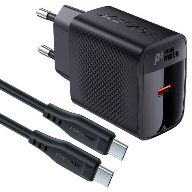 Φορτιστής Ταξιδίου Acefast A82 GaN USB-C 20W Μαύρος + Καλώδιο Φόρτισης Type C σε Type C 1.2m