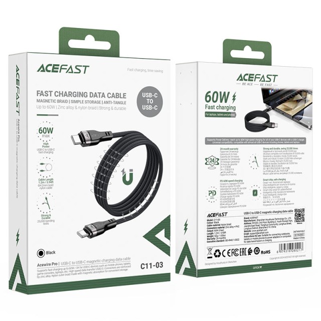 Καλώδιο Σύνδεσης Acefast C11-03  USB-C σε USB-C 60W 20V/3A  με Μαγνητική Πλέξη Μαύρο 1.2m.