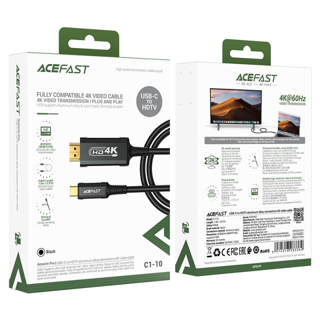 Καλώδιο σύνδεσης Acefast C1-10 USB-C σε HDMI 4K 60Hz HDR 1.8m Μαύρο Braided