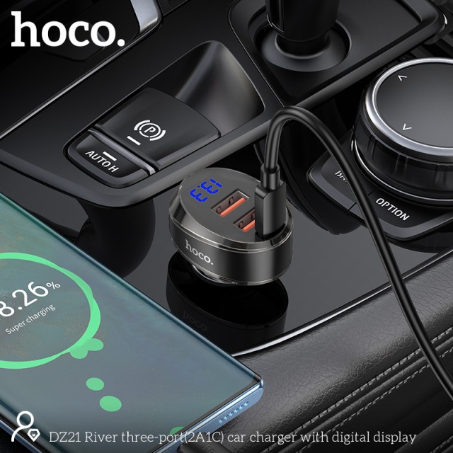 Φορτιστής Αυτοκινήτου Hoco DZ21 River Fast Charge με 2xUSB-A 1xUSB-C 83W και Digital Display Μαύρος