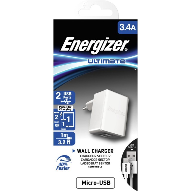 Φορτιστής Ταξιδίου Energizer ACW2CEUUMC3 3.4A με 2 θύρες USB A και Καλώδιο Micro USB 1m