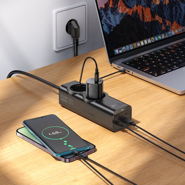Πολύπριζο Hoco NS10 Wisdom με 2 x Σούκο + 3 x USB-C + 1 x USB-A με Καλώδιο 2m Μαύρο