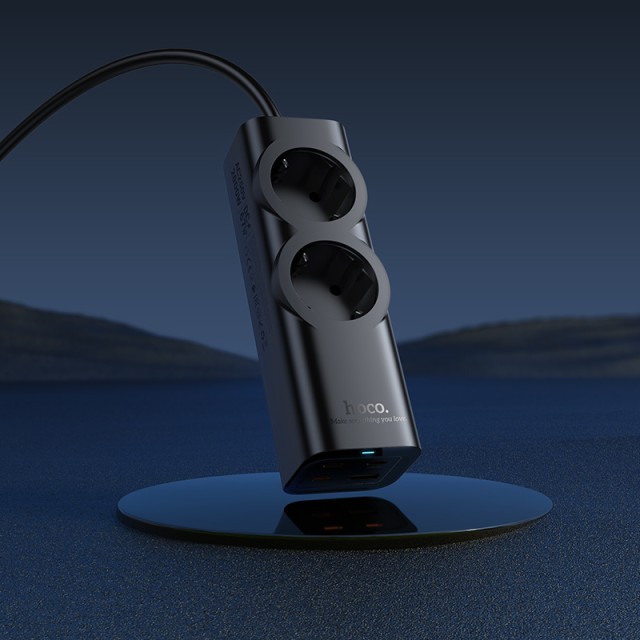 Πολύπριζο Hoco NS10 Wisdom με 2 x Σούκο + 3 x USB-C + 1 x USB-A με Καλώδιο 2m Μαύρο