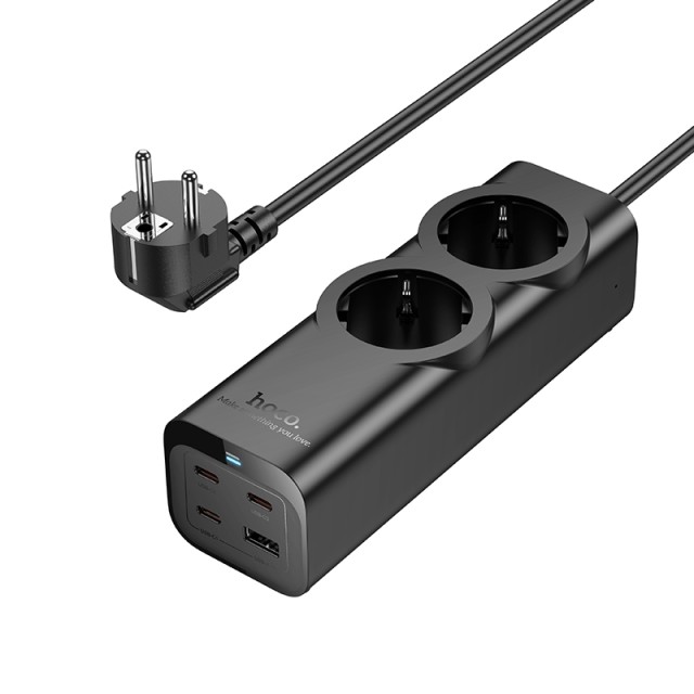 Πολύπριζο Hoco NS10 Wisdom με 2 x Σούκο + 3 x USB-C + 1 x USB-A με Καλώδιο 2m Μαύρο
