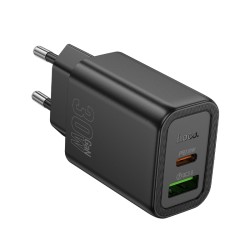 Φορτιστής Ταξιδίου Hoco N63 Gentle με 2 Εξόδους Φόρτισης USB-C και USB-A  Quick Charge 30W 5V 3.0A  Μαύρος