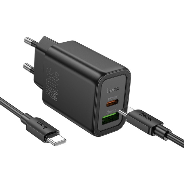 Φορτιστής Ταξιδίου Hoco N63 Gentle με USB-C και USB-A 30W 5V 3.0A + Καλώδιο Φόρτισης USB-C σε USB-C  Μαύρος